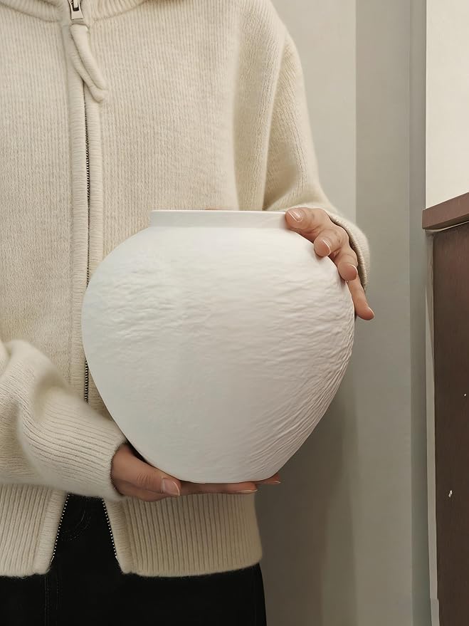Vintage Ceramic Vase, Minimalist Texture Stone Patterned White Flower Vase, Decorative Vase for Living Room Shelf Farmhouse Dining Table Centerpiece Decor (White Texture 7.9'')