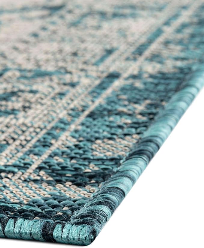 Unique Loom Outdoor Aztec Collection Area Rug - Coba (5' 3" Octagon, Teal/ Ivory)