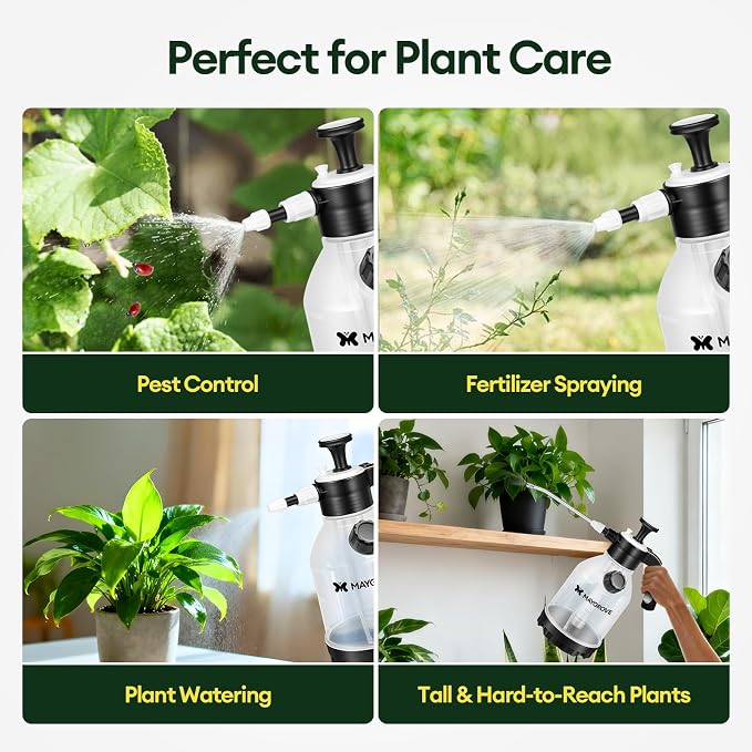 MAYGROVE 50oz Pump Sprayer, Hand Water Spray Bottle for Indoor Plant, Clear Plant Sprayer with Side Filling Port, Measuring Cup, Adjustable Nozzles, Safe Pressure Relief Valve