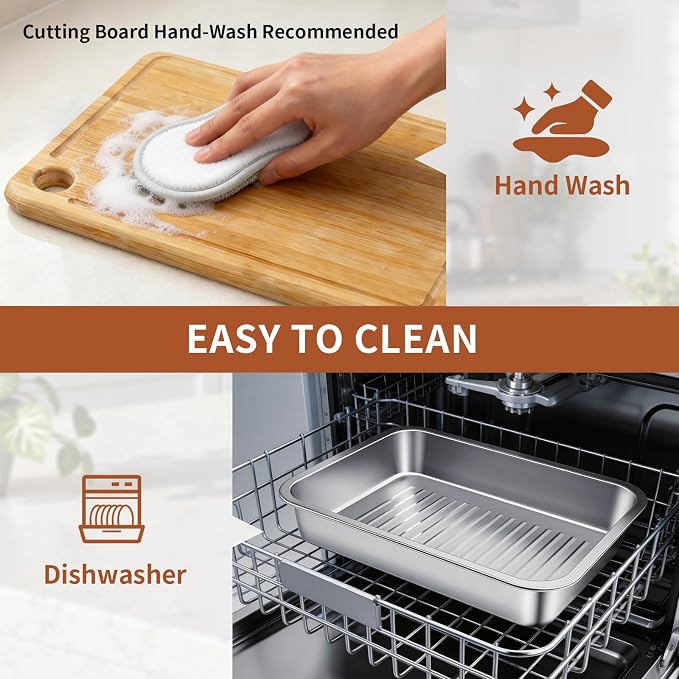 ENLOY 9-in-1 Grilling Prep and Serve Trays Set, Stainless Steel Large Capacity Food Prep Tray, Marinade Container with Lid and Cutting Board & 2 Food Tongs, Cleaning Cloth & 2 Gloves for Pickling Food