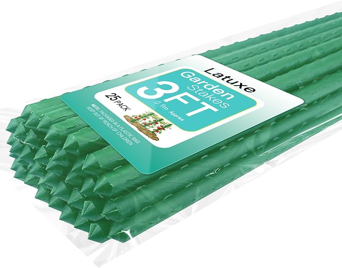 Lature Garden Stakes 3FT 25pcs, Plastic Coated Steel Stakes Specifically Designed for Climbing Plants, Ideal for Tomatoes, Beans, Cucumbers, Peppers, Vines, and More Plant Growth
