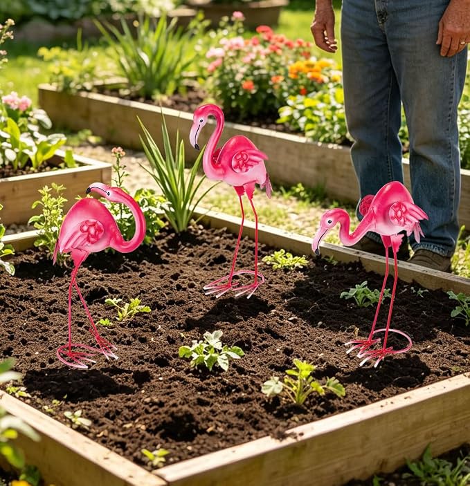 3Pcs Pink Flamingo Yard Decor 15" Metal Yard Art Outdoor Sculptures | Garden Statues for Outside Lawn Ornament Home Patio Backyard Décor Porch Pool Deck Decorations Set Of 3 Tropical Present