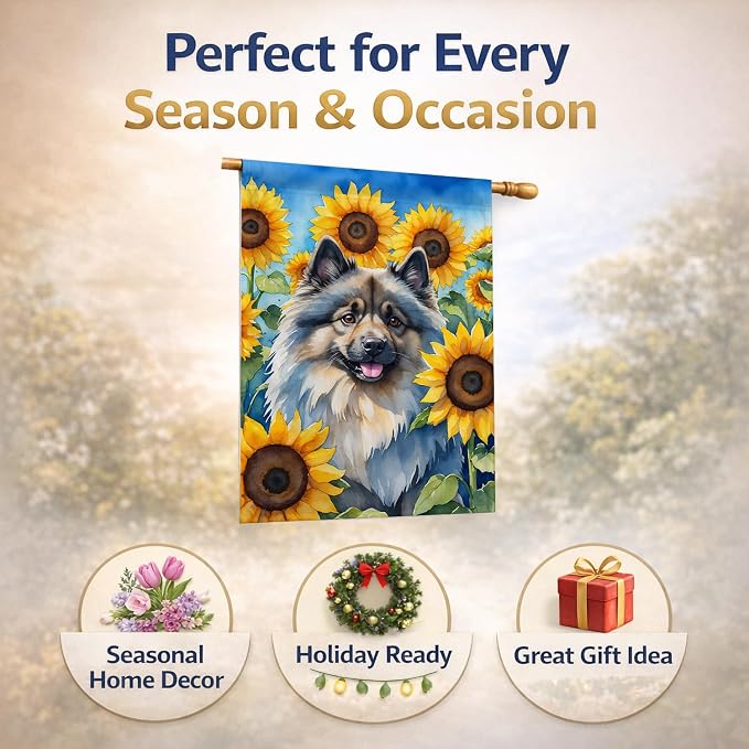 Caroline's Treasures DAC6105CHF Keeshond in Sunflowers House Flag Large Porch Sleeve Pole Decorative Outside Yard Banner Artwork Wall Hanging, Polyester, House Size, Multicolor
