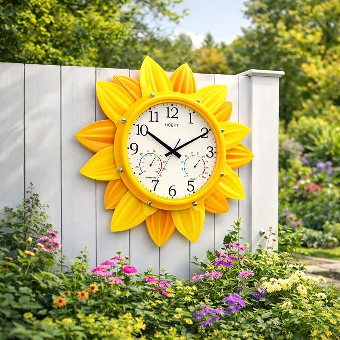 OCEST 24 Inch Outdoor Wall Clock, Waterproof Sunflower Clock with Thermometer & Hygrometer, Silent Non-Ticking Metal Petal Design for Patio, Garden, Pool, Garage
