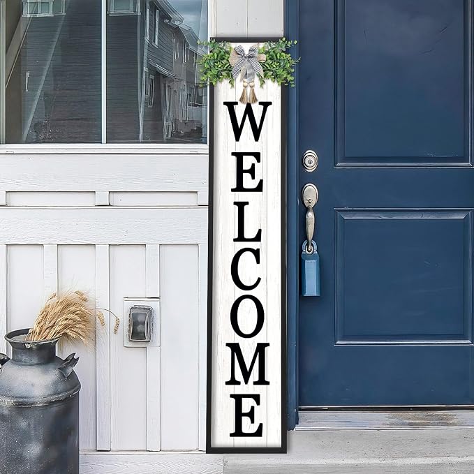 Welcome Sign for Front Porch Standing 45"X9" Large Vertical Farmhouse Outside Front Door Sign Leaner Tall Vintage Outdoor Wreath Patio Garden Wood Framed Decorations (Black)