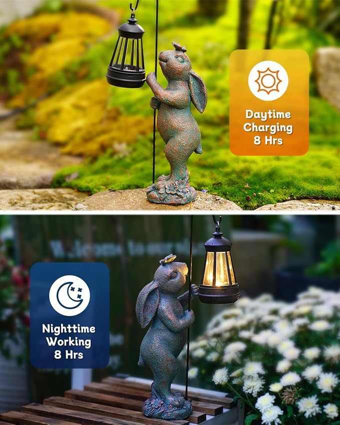 Pohabery Garden Statues Outdoor Bunny with Solar Lantern – Rabbit Yard Decor, Waterproof Resin Figurine Pathway Light for Easter Housewarming Gifts for Lawn & Patio
