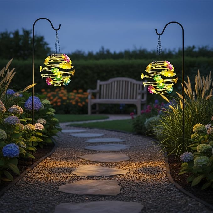 2 Pack Solar Lanterns Outdoor Waterproof , 30LEDs Hanging Solar Lights with Flower for Garden Patio Yard Decor, Gift for Grandma Gardeners Women