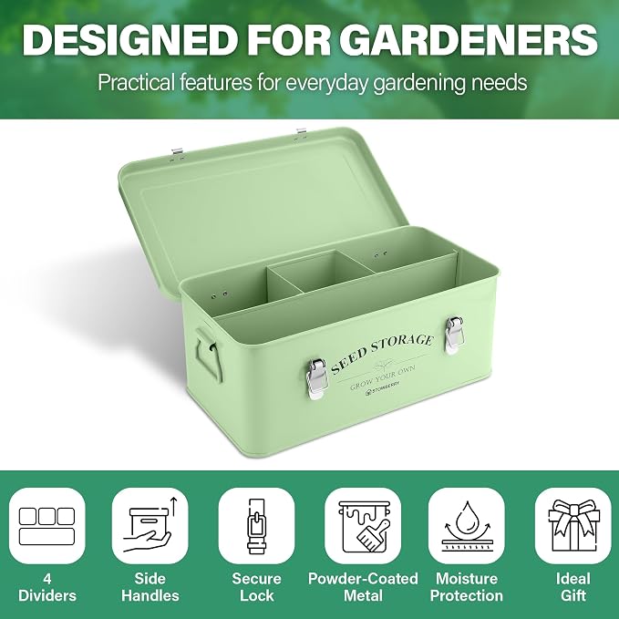 Seed Storage Box Organiser – Green Garden Seeds Tin with Lid, Side Handles, 4 Compartments & Safety Lock – Seed Packet Container for Gardeners – Gardening Gift Idea with Over 100 Accessories | Seed Tin with Lid, Handles, 4 Sections & Safety Lock, Over ...