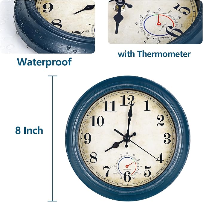 Outdoor Clock Waterproof with Thermometer Wall Clock for Patio Pool Bathroom Kitchen 8 Inch Blue