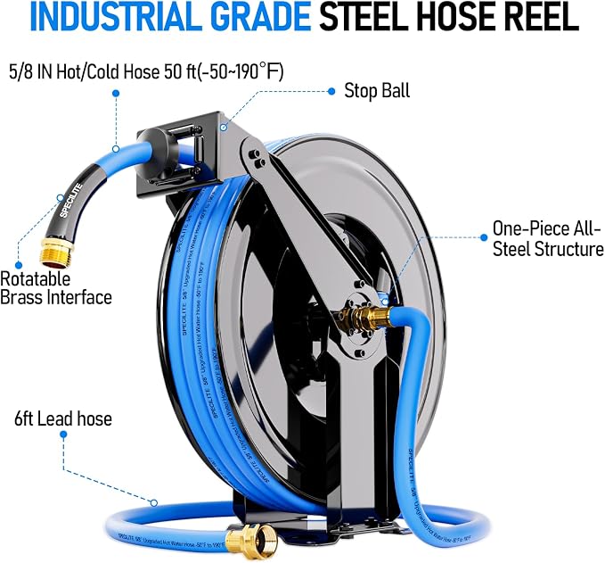 SPECILITE Retractable Hose Reel with 5/8'' Hot/Cold Garden Water Pipe 50ft, -50℉ -190℉, Heavy Duty Metal Wall Mount Spool, with 6ft Lead Hoses, Nozzle, 3/4'' Brass Fittings for Garage, Yard, Blue