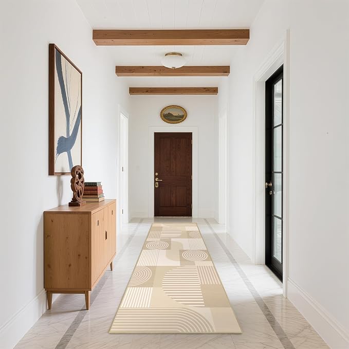 Beige Geometric 2x6 Runner Rug for Hallway Kitchen Bedroom White Machine Washable Mid Century Modern Rug Non Slip Low Pile Minimalist Line Rugs Long Floor Mat Carpet for Bathroom Laundry,Beige