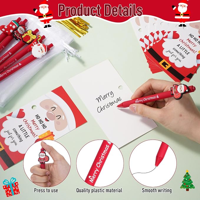 Marspark 30 Set Santa Gifts Bulk Christmas Ballpoint Pens and Greeting Cards Set with Bag Twist Ties for Employee Coworker Teacher Student School Office Home Party Favor