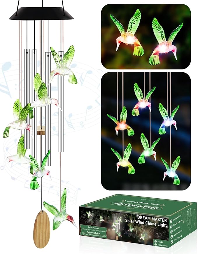 Wind Chimes for Outside, Solar Lights Outdoor Waterproof, Color Changing Hummingbird Light for Yard, Outdoor, Patio, Garden Decor, Wind Mobiles Gardening Gifts for Women, Mom, Wife, Green Hummingbird