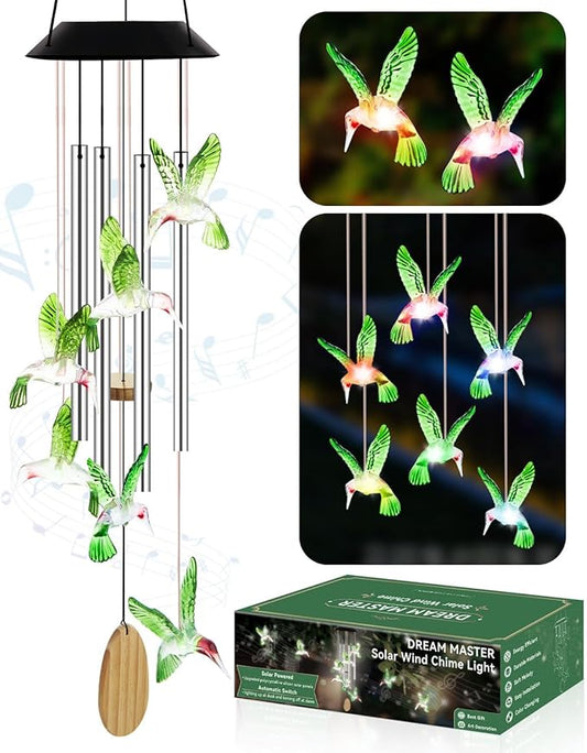 Wind Chimes for Outside, Solar Lights Outdoor Waterproof, Color Changing Hummingbird Light for Yard, Outdoor, Patio, Garden Decor, Wind Mobiles Gardening Gifts for Women, Mom, Wife, Green Hummingbird