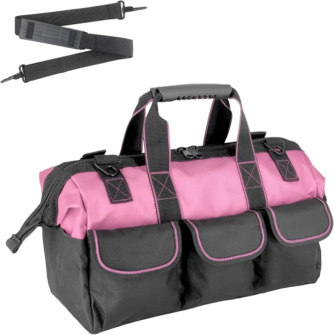 16-inch for women purple tool box Non-slip feet adjustable shoulder strap 14 functional insert pockets,large capacity Men's heavy-duty toolbox,for electricians, carpentry,gardening (Pink)