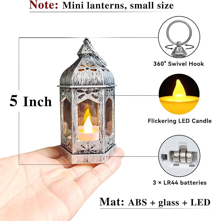LLQ 12Pcs Mini Silver Lantern with LED Tea Light, Vintage Hanging Moroccan Small Lanterns Decorative, Battery Included, for Ramadan, Wedding, Halloween, Christmas, Diwali Table Centerpiece