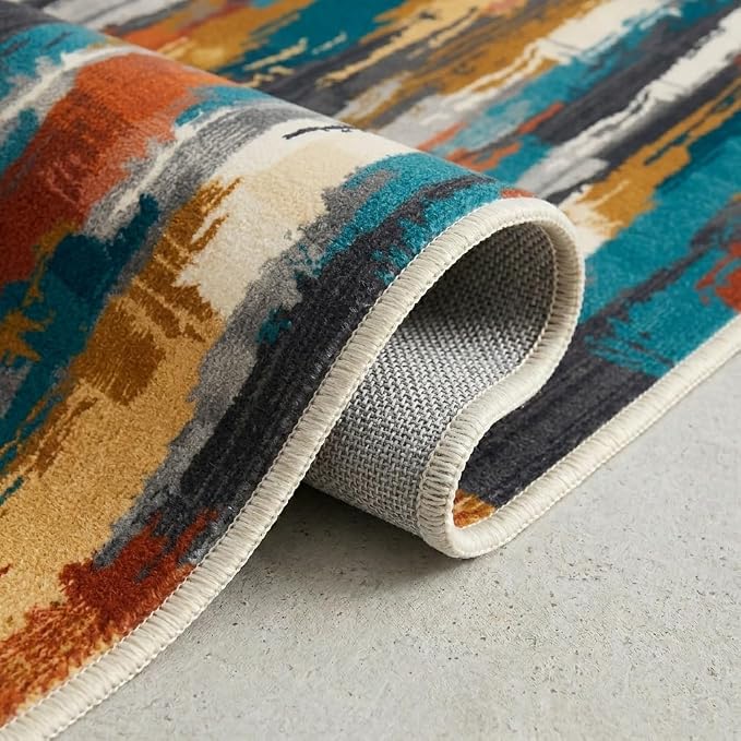 5x7 Burnt Orange and Teal Blue Modern Brush Stroke Lines Area Rug | Soft faux cashmere low-pile, machine washable non-slip foldable rug for living rooms, bedrooms and dining rooms.