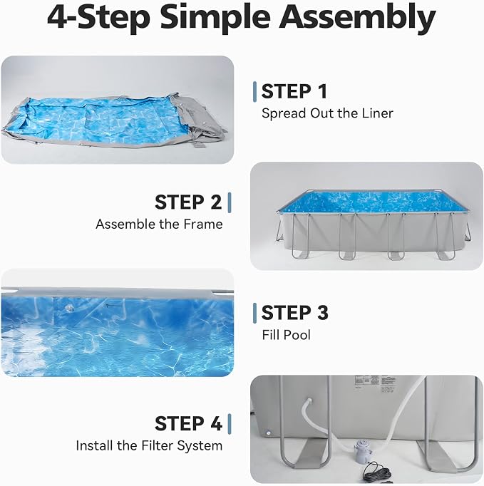 18ft X 9ft Above Ground Pool Set with Removable Ladder and Filter Pump, Rectangular Swimming Pool with Steel Frame for Backyard, Gray