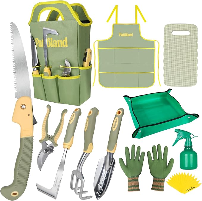 Green Garden Tool Sets 26-Piece, Ergonomic Gardening Hand Tools Kit with Non-Slip Rubber Grip, Garden Handbag, Kneeling Pad, Repotting Mat for Indoor Plants&15 Plant Tags, Garden Gifts for Women Men