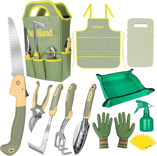 Green Garden Tool Sets 26-Piece, Ergonomic Gardening Hand Tools Kit with Non-Slip Rubber Grip, Garden Handbag, Kneeling Pad, Repotting Mat for Indoor Plants&15 Plant Tags, Garden Gifts for Women Men