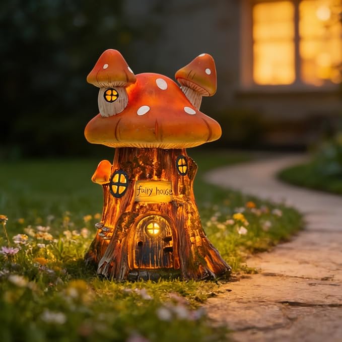 COWOS Mushroom House Sculptures, Collection of Resin Garden Sculptures, Resin Fairy House Statue, Solar Fairy Garden Figurine with Warm White Light Mushroom for Outdoor, Lawn, Yard Decoration