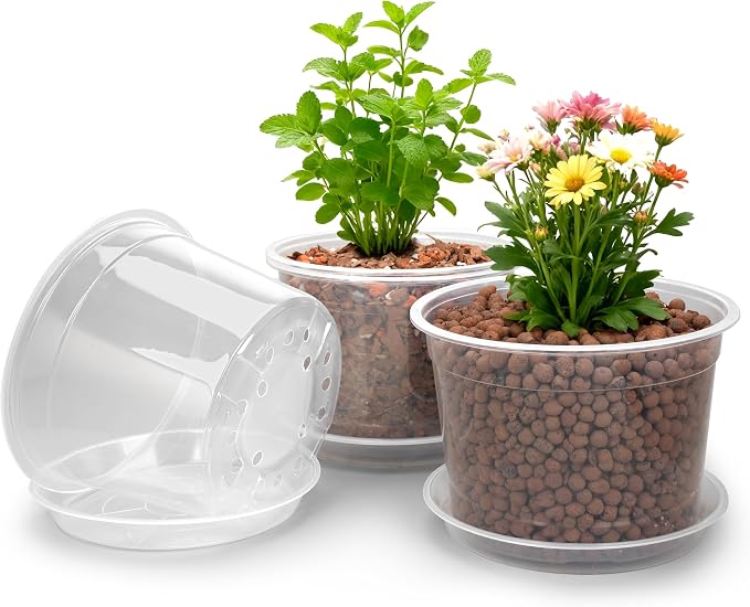 RAOOKIF 10 Inch Nursery Pots with Saucers, 4 Pack Large Size Clear Nursery Pots with Drainage Hole for Indoor Outdoor Plants, Plastic Clear Pots for Plants for Flowers, Succulents, Vegetable