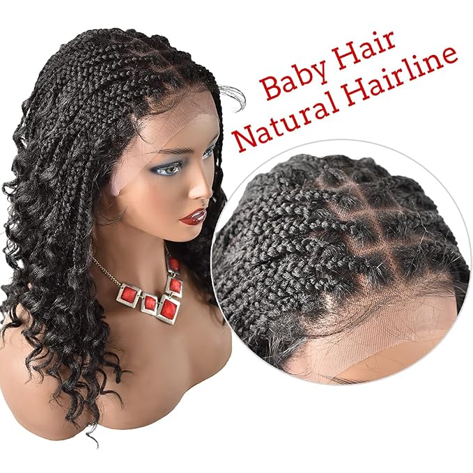Lace Braids Wig For Black Women Box Braided Wigs Curly Swiss Lace Front Braid Wigs Hand Tied Micro Twist Braiding Wig Knotless Synthetic Braids Wig With Baby Hair (LL602483C, #1B)