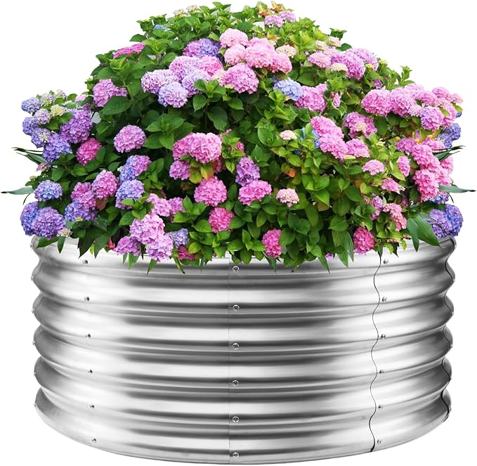 YSEJOMP 17" Tall Round Outdoor Garden Raised Garden Bed Kits-0.8MM Thick Metal Raised Planter Bed/Ground Planter Box for Variety of Flowers,Herbs,Vegetables,Trees (Silver, 40 Dia X 16.5 inches)