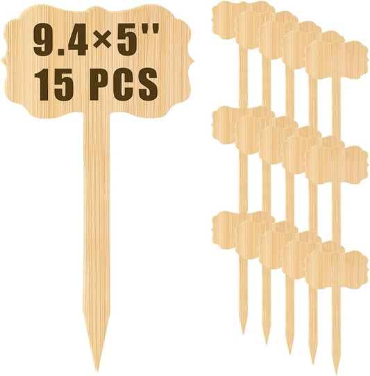 Hicarer 15 Pcs 9.4" x 5" Extra Large Bamboo Garden Markers, Retro Style Natural Wood T-Type Large Plant Labels for Herbs, Flowers & Vegetables – Easy to Read Full-Size Tags for Garden Outdoor