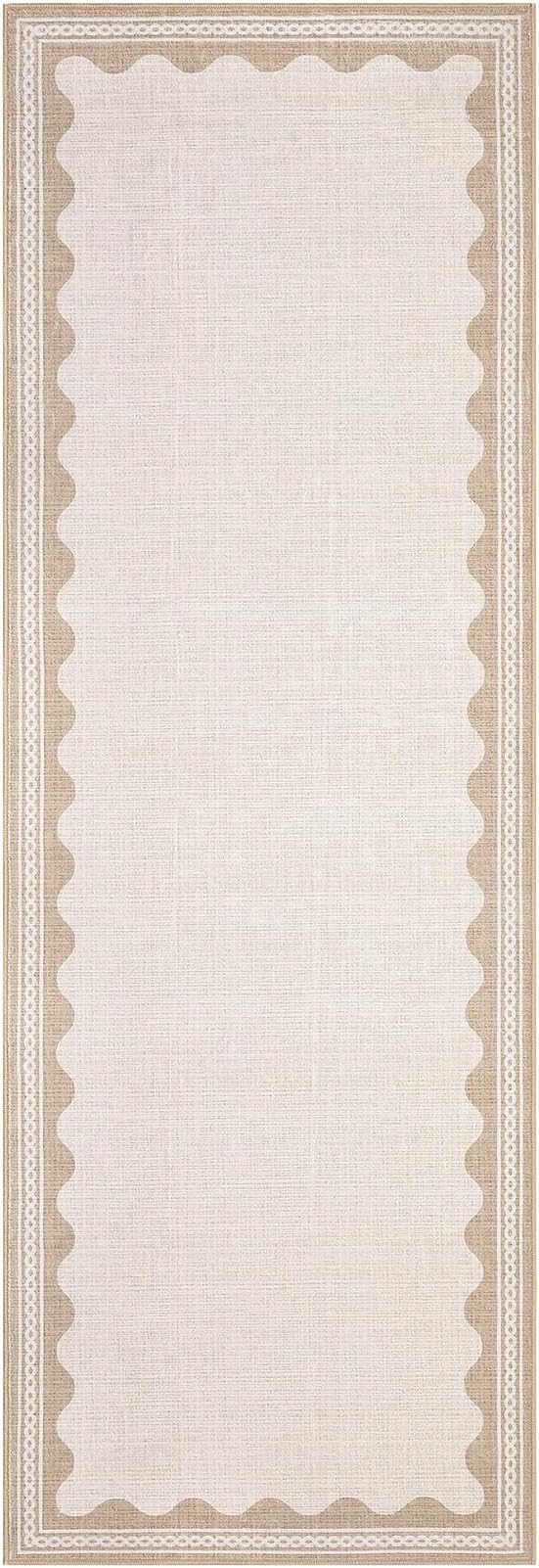 GarveeHome Scalloped Beige 2.5x8 Runner Rug for Hallway Washable Kitchen Rugs Non Slip Solid Modern Minimalism Soft Low-Pile Scalloped Indoor Carpet for Entryway Laundry Room Floor Mats