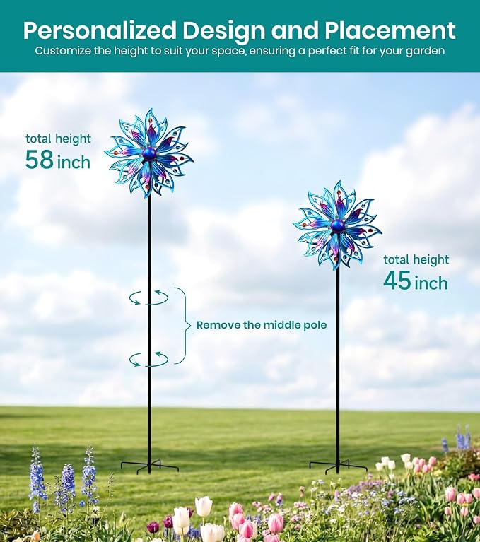 Solar Wind Spinner Outdoor Mandala Kinetic LED Garden Yard Art Decor | Hand-Crafted Art, 3D mandala wind spinner, Whisper-quiet dual bearings, Stable 5-prong stake, Blue Purple Fade