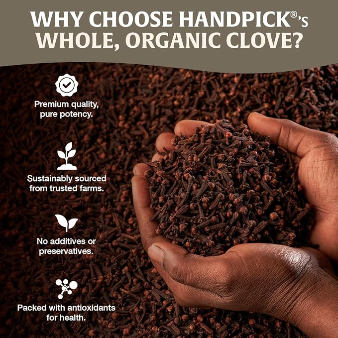 HANDPICK Organic Cloves Whole (2.3oz, 65g) Premium Cloves from South India | Packed in a Resealable Zip Lock Pouch | Perfect for Cooking, Smoothies, Pomander Balls & Tea (Packaging may vary)