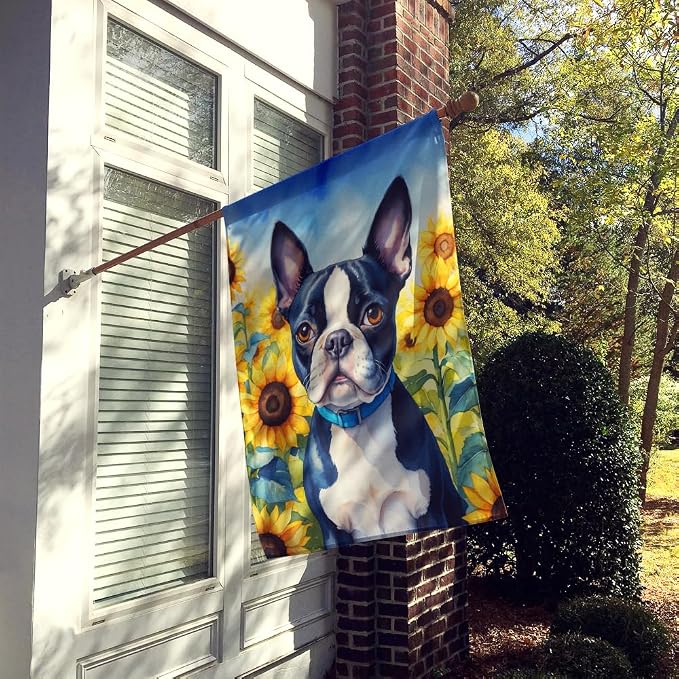 Caroline's Treasures DAC6036CHF Boston Terrier in Sunflowers House Flag Large Porch Sleeve Pole Decorative Outside Yard Banner Artwork Wall Hanging, Polyester, House Size, Multicolor