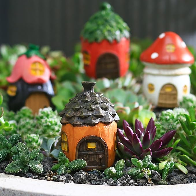 Nicunom 4 Pack Fairy Garden House, Miniature Mushroom House Resin Fairy House Statues Indoor/Outdoor Figurine Fairy Garden Accessories for Micro Landscape Lawn Yard Decor Gift