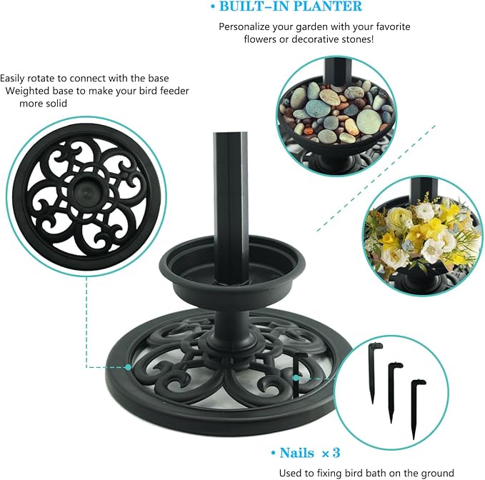 Black Bird Baths for Outdoors Plastic Bird Feeder with Flower Planter for Garden Yard Patio Balcony and Lawn Decor 27.5" | 2-in-1 Bird Bath & Feeder, Weatherproof, Ground Stakes Included, Tool-Free Assembly, Patio Lawn Decor, Gift for Garden Lovers