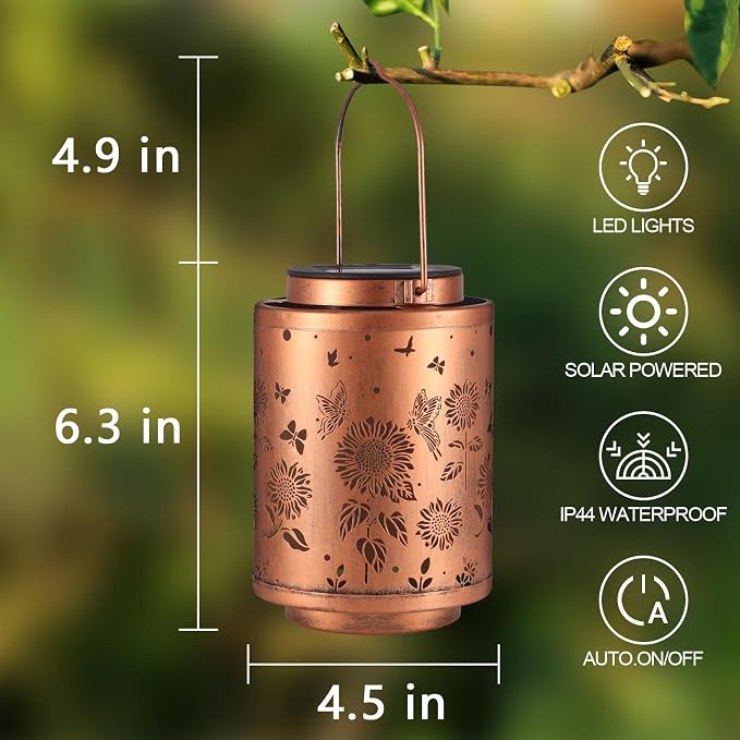 2 Pack Solar Outdoor Lanterns,Butterflies Garden Decor LED Light Hanging Waterproof Solar Metal Lanterm Gifts for Women Mon Grandma Sunflower Solar Lights Outdoor Decoration