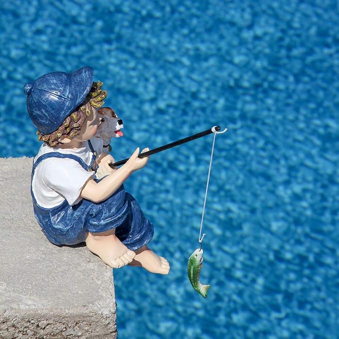 Lily's Home 11-Inch Fishing Boy and Dog Statue - Resin Garden Decor for Outside - Outdoor and Garden Decorations - Cottage Style Garden Statues Yard Art