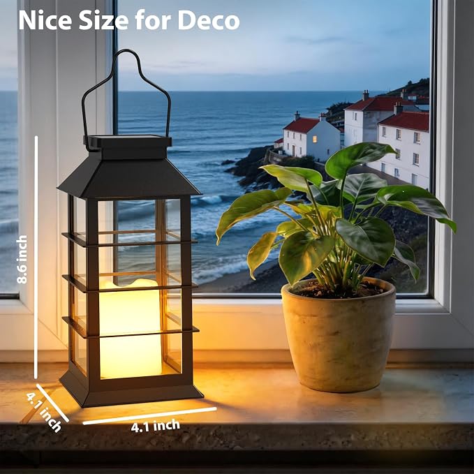 Otdair Solar Lanterns Outdoor Waterproof 4 Pack, 8.62" Retro Solar Lantern with Glass LED Flickering Flameless Candle,Lanterns Decorative Outdoor for Gift, Yard, Garden, Patio, Balcony,Porch, Party