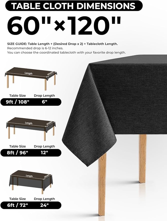Decorelia Waterproof Black Table Cloths for Rectangle 8 Ft Table-4 Pack, Washable Polyester Rustic Faux Linen Reusable Table Cloth Cover for Wedding,Outdoor,Events, Party,Banquet, Dining, 60x120 Inch
