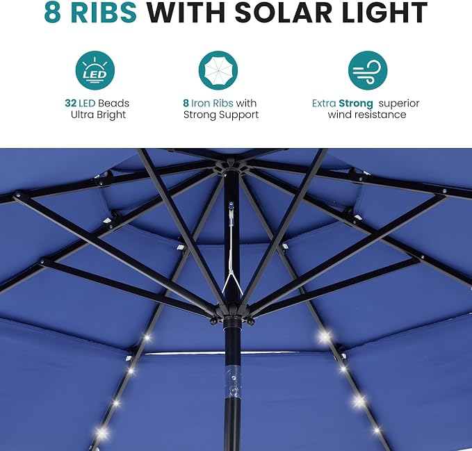 DUMOS Outdoor Solar Patio Umbrella 3 Tiers with 32 LED Lights, Beach Market Table Umbrella with Crank and 8 Sturdy Ribs for Pool, Terrace, Restaurant