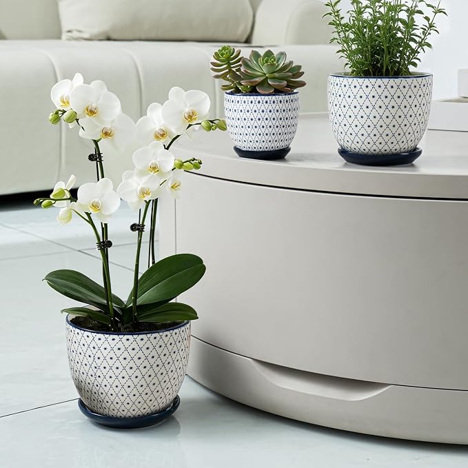 Ceramic Plant Pots - 3.5+4.6+5.6 Inch Flower Pots for Indoor Plants - Planters with Drainage Holes and Saucers Orchid, Herbs, Succulent, Cactus, Home Decor, Set of 3, Vintage Blue, Star
