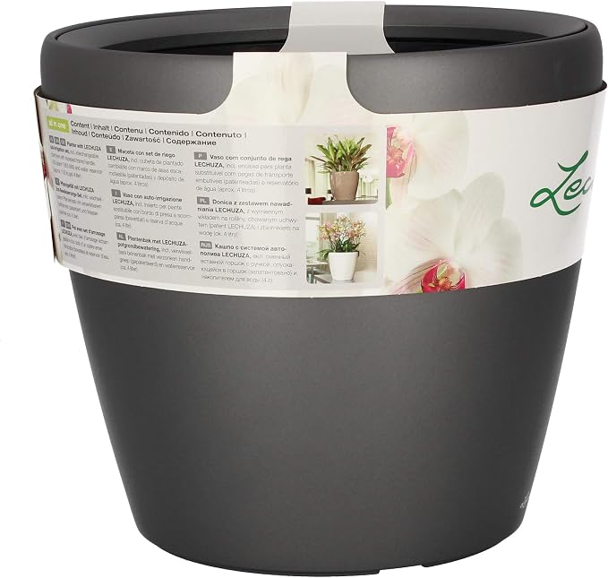 Lechuza Classico LS 35 Charcoal Metallic, Self-Watering Round Planter, D13.8 H13 in