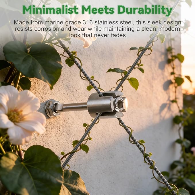 12PCS Wire Garden Trellis Kit, Kalolary T316 Stainless Steel Crosshead Standoffs for 5/64"-1/8" Wire Rope & Rods, Wall Wire Trellis System for Climbing Plants DIY Outdoor Garden Vine Flower Wall