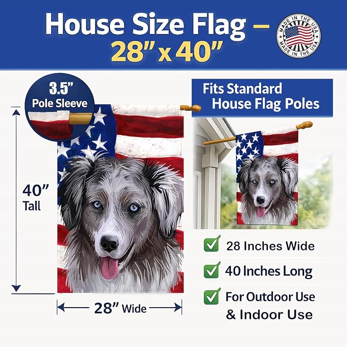 Caroline's Treasures CK6615CHF Miniature American Shepherd American Flag House Flag Large Porch Sleeve Pole Decorative Outside Yard Banner Artwork Wall Hanging, Polyester, House Size, Multicolor
