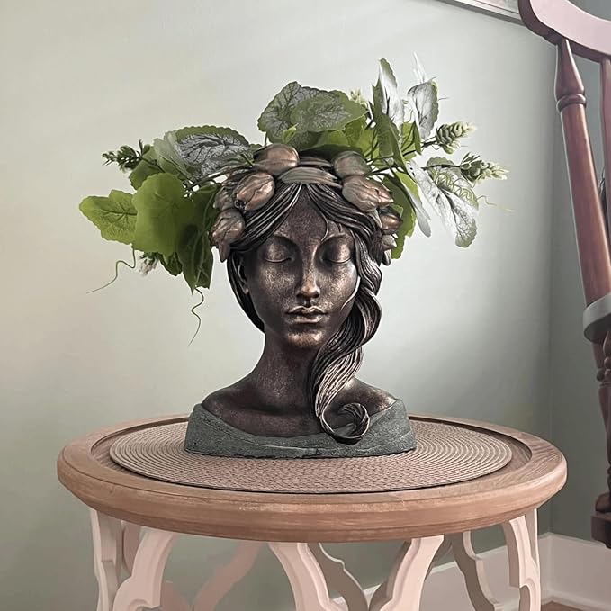DiliComing Head Planter Face Plant Pots - 10 Inch Flower Pot Succulents Large Outdoor Planters Indoor with Drainage Resin Lady Bronze Statue for Garden Home Decor Porch Gift for Plant Lovers