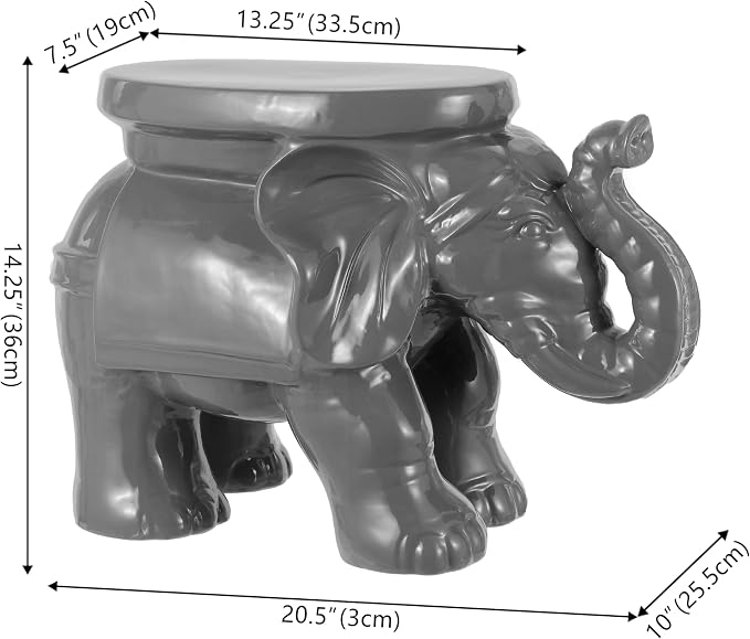 JONATHAN Y White Elephant 14.25" Glazed Ceramic Elephant Garden Stool, Weather-Resistant Indoor/Outdoor Patio Side Table and Plant Stand, Bohemian, Gray TBL1007E