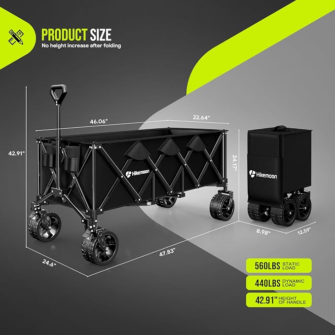Hikemoon 300L Extra Large Wagons Carts Foldable, 560LBS Heavy Duty Collapsible Beach Wagon 48" Long with Big All-Terrain Wheels, Utility Folding Cart for Camping, Grocery, Sports, Garden, Black