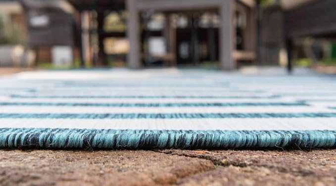 Unique Loom Outdoor Striped Collection Area Rug - Striped (4' 1" x 6' 1" Rectangle, Teal/Ivory)