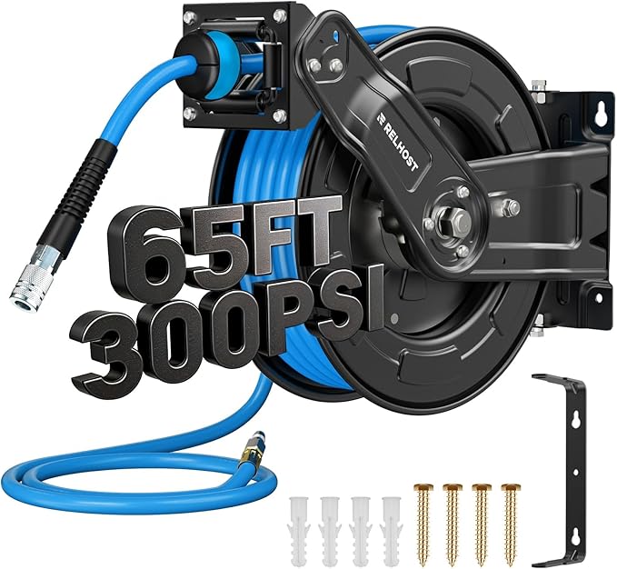 Relhost Retractable Air Hose Reel, 65 ft x 3/8 in Hybrid Air Hose Max 300PSI, Heavy Duty Air Compressor Hose Reel with Dual Arms, Auto Rewind, 180° Swivel Ceiling/Wall Mount for Garages, Workshops