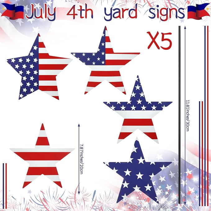 5 Pcs Patriotic 4th of July Outdoor Decorations Independence Day Metal Yard Signs with Stake American Flag Red White Blue Star 250 Anniversary Lawn Signs for 4th of July Garden Party Decor